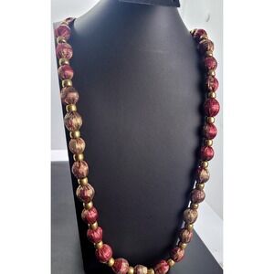 Vintage Fabric Wrapped Bead Necklace Women Burgundy Gold Metallic Tie Closure